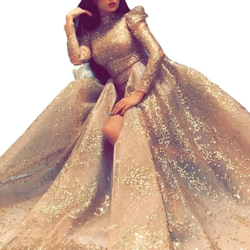 Gold rhinestone high-waist long sleeve maxi dress on female model, front view