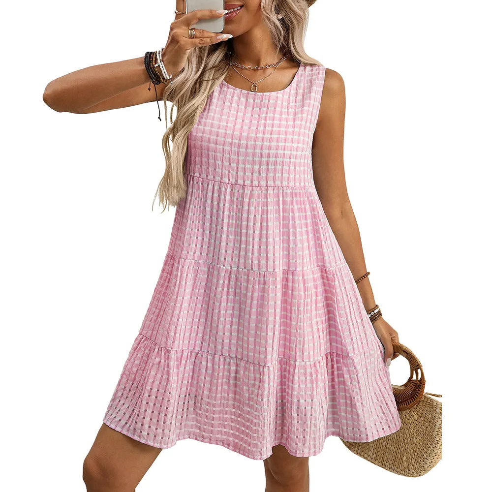 Women's loose fit sleeveless plaid dress with an oversized swing skirt in light blue.