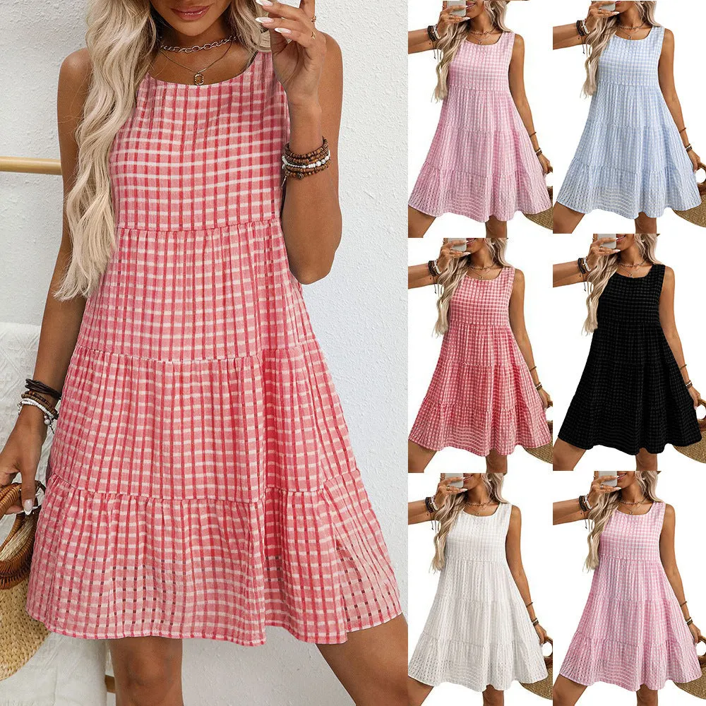 Women's loose fit sleeveless plaid dress with an oversized swing skirt in light blue.