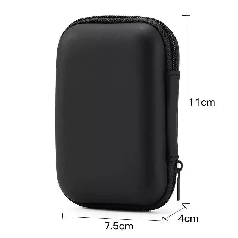Compact black EVA travel storage box for headset cables, size 11x7.5x4 cm, on a neutral background.