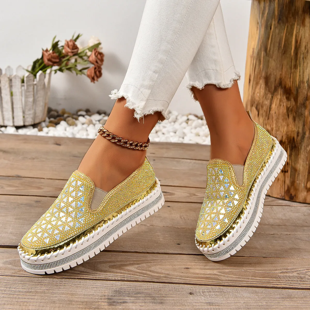 Casual sneakers for women with suede leather upper, thick bottom, and rhinestone decoration in beige