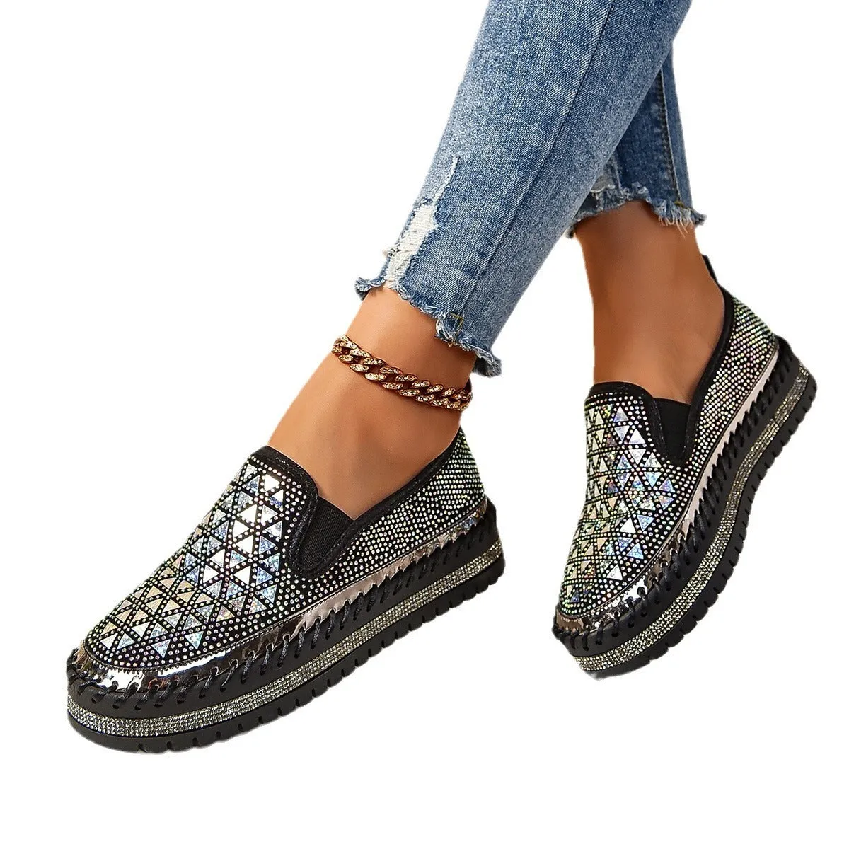 Casual sneakers for women with suede leather upper, thick bottom, and rhinestone decoration in beige