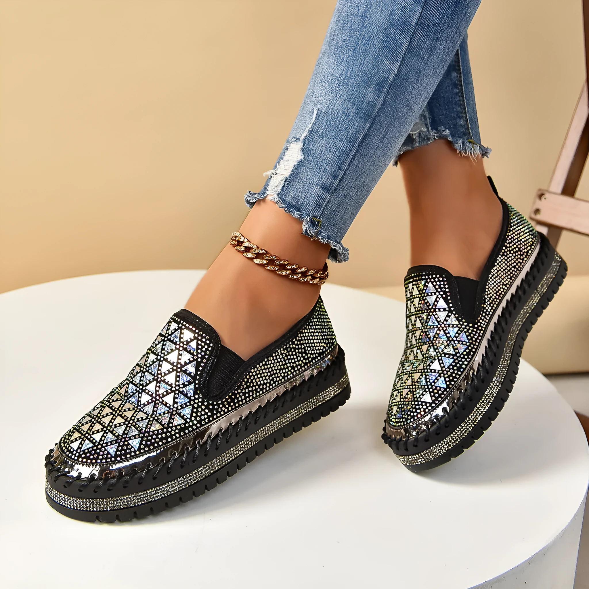 Casual sneakers for women with suede leather upper, thick bottom, and rhinestone decoration in beige