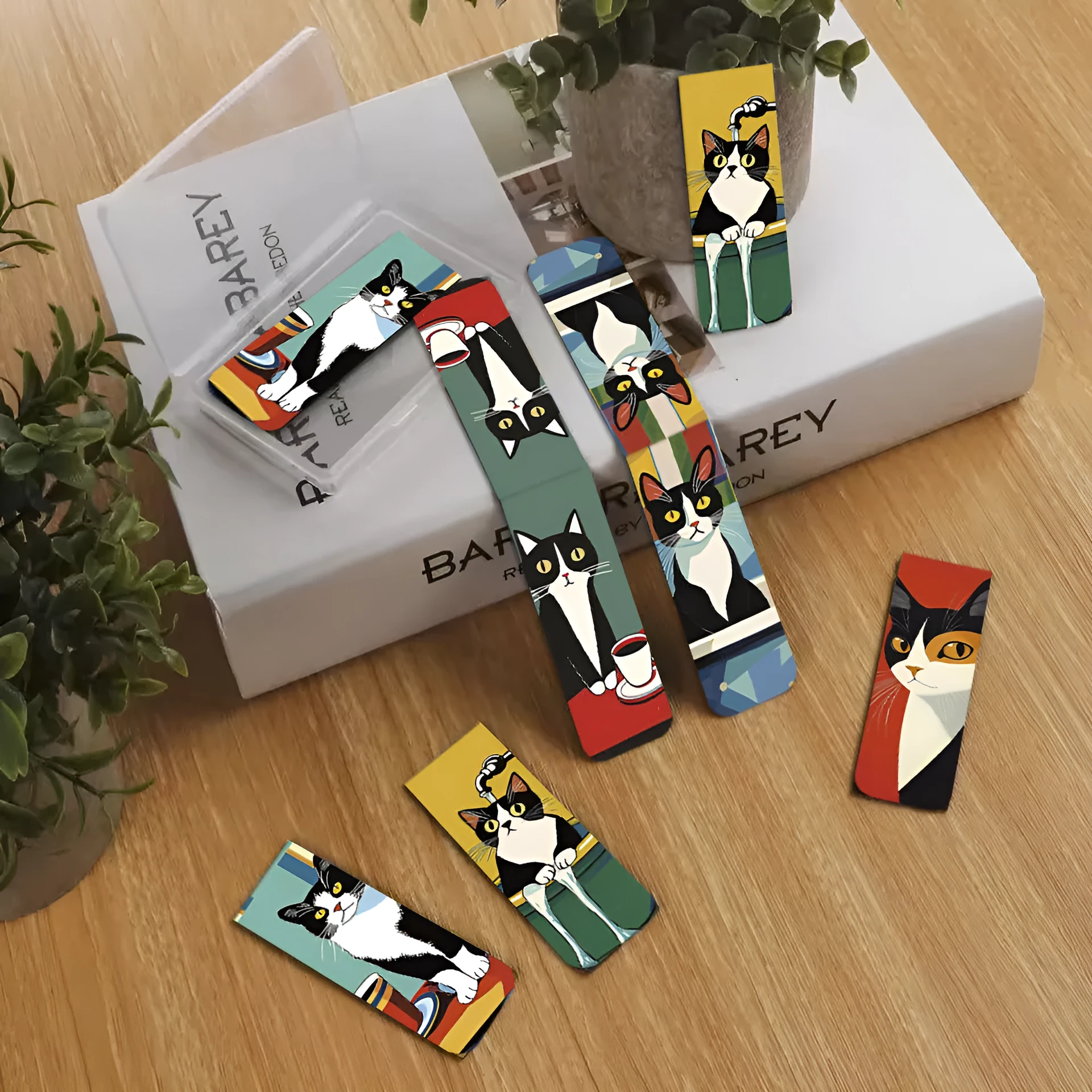 Set of five magnetic bookmarks with cute cat designs in assorted colours, displayed on a book page