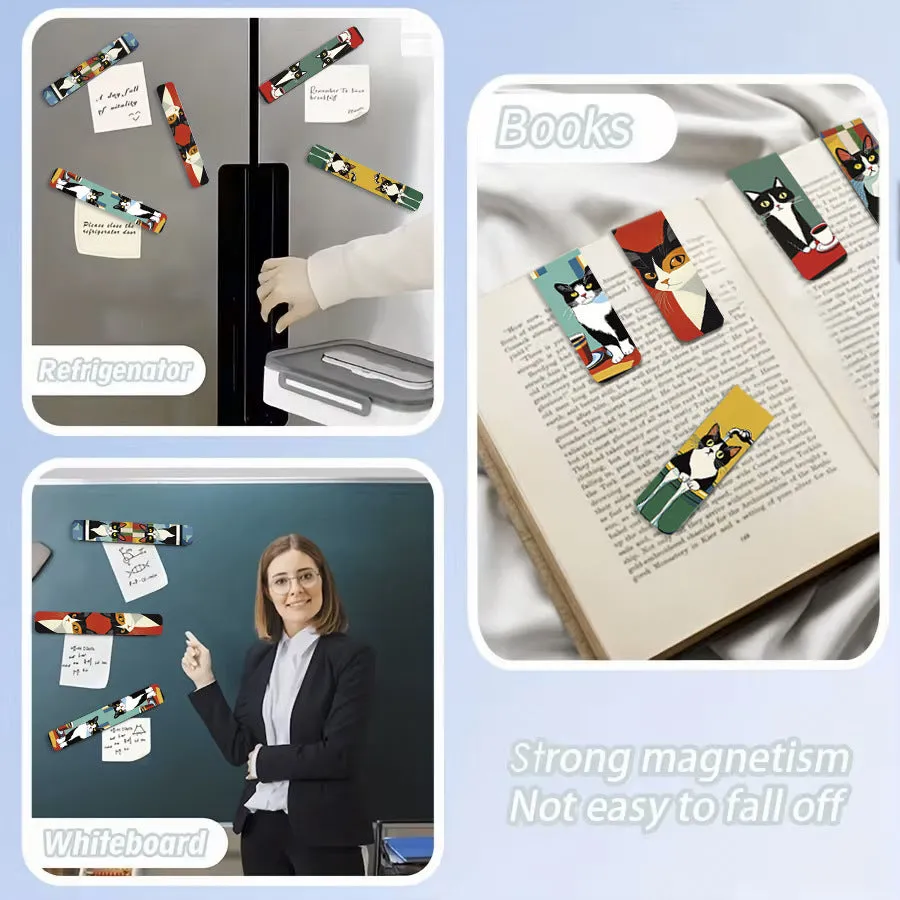 Set of five magnetic bookmarks with cute cat designs in assorted colours, displayed on a book page