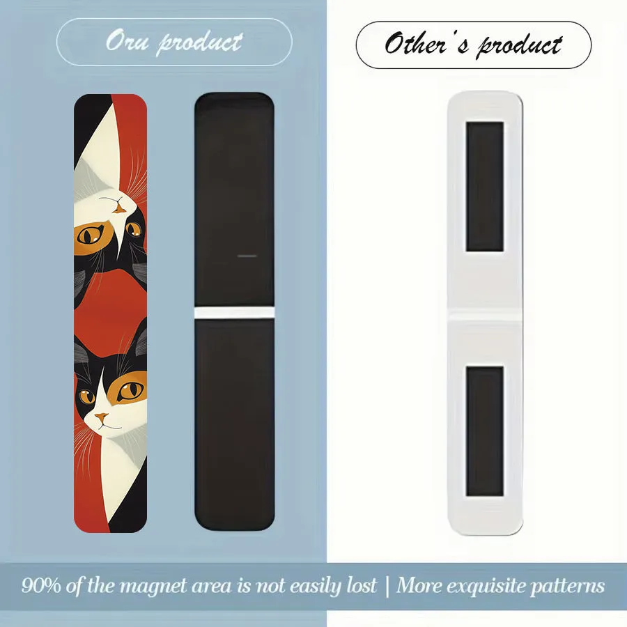 Set of five magnetic bookmarks with cute cat designs in assorted colours, displayed on a book page