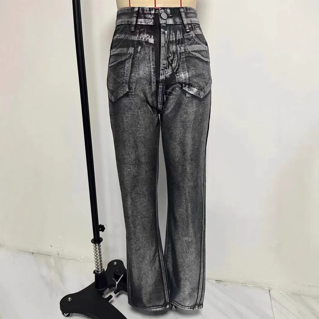 Washed blue women's high waist straight leg jeans with contrast silver street hipster detail
