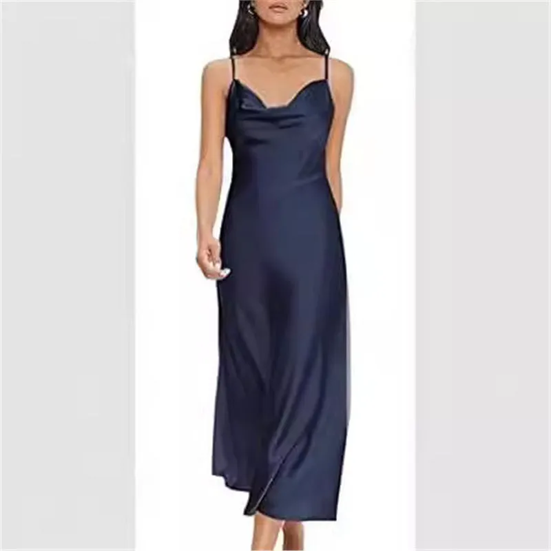 Strap satin without back pajamas dress for women in sleeveless style with wide waist in red black pink dark green navy blue