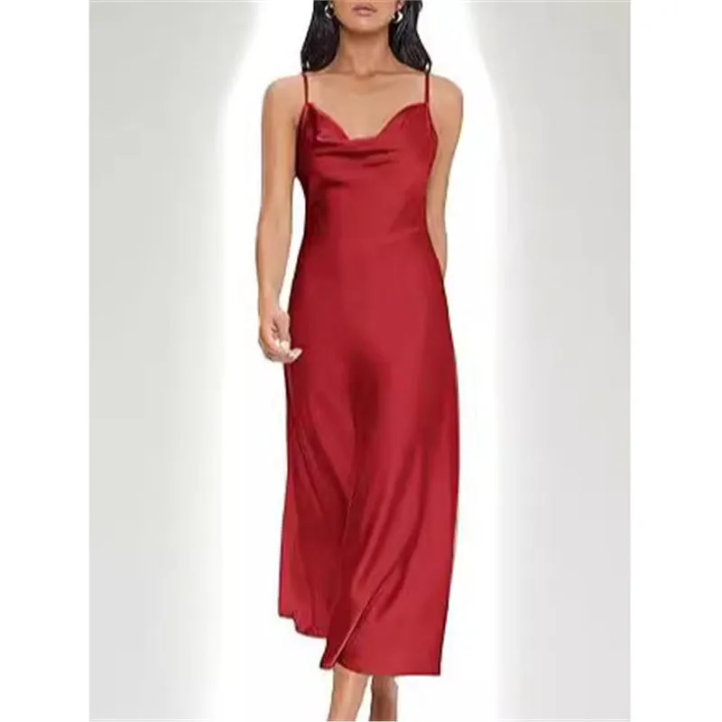 Strap satin without back pajamas dress for women in sleeveless style with wide waist in red black pink dark green navy blue