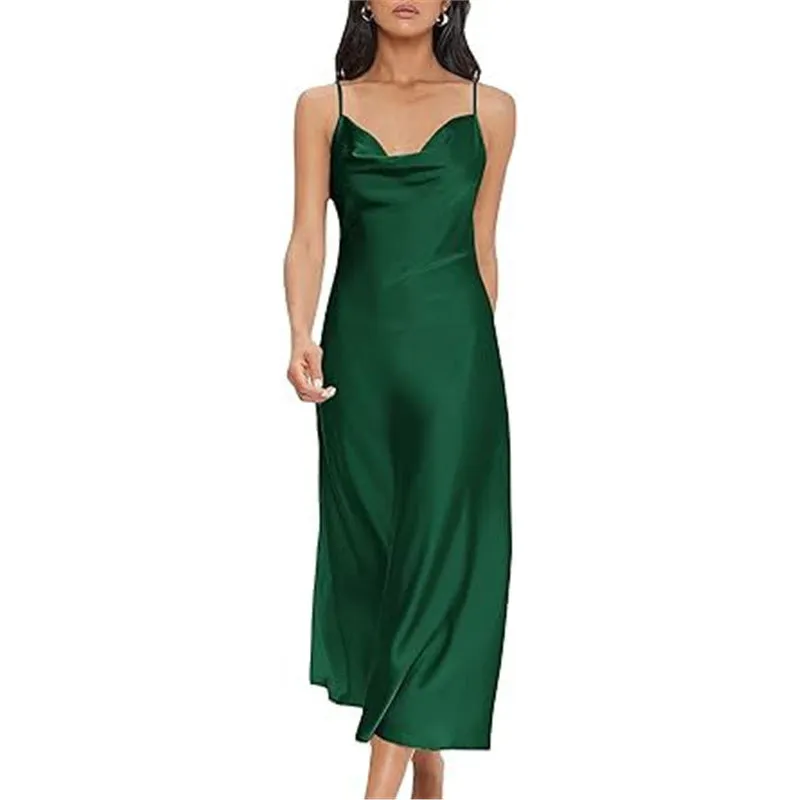 Strap satin without back pajamas dress for women in sleeveless style with wide waist in red black pink dark green navy blue
