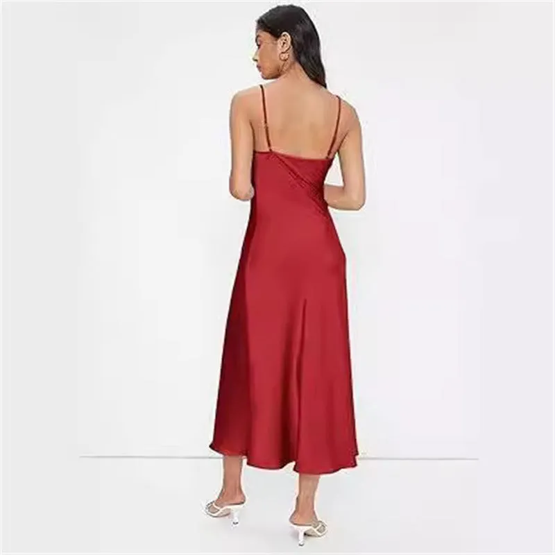 Strap satin without back pajamas dress for women in sleeveless style with wide waist in red black pink dark green navy blue