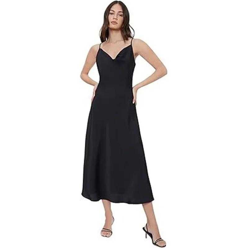 Strap satin without back pajamas dress for women in sleeveless style with wide waist in red black pink dark green navy blue