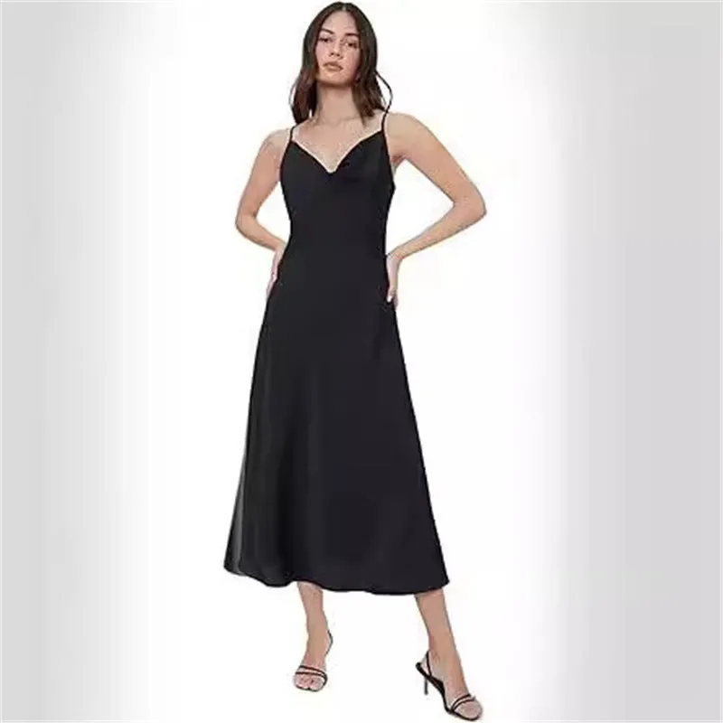 Strap satin without back pajamas dress for women in sleeveless style with wide waist in red black pink dark green navy blue