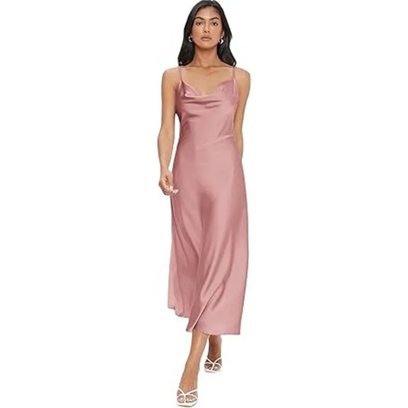 Strap satin without back pajamas dress for women in sleeveless style with wide waist in red black pink dark green navy blue