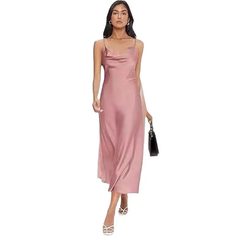 Strap satin without back pajamas dress for women in sleeveless style with wide waist in red black pink dark green navy blue