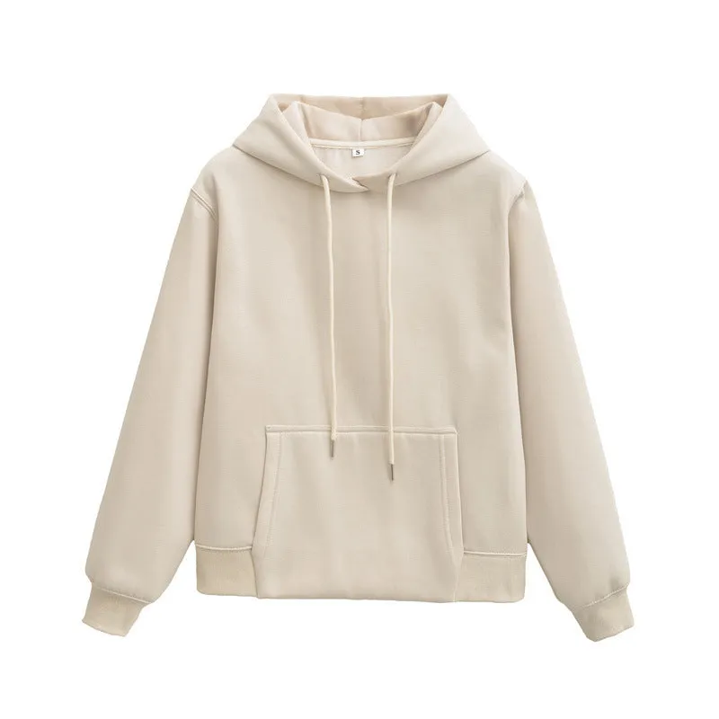 Women's hooded sweater and wide-leg pants set in solid beige colour, polyester blend, front view with hood up