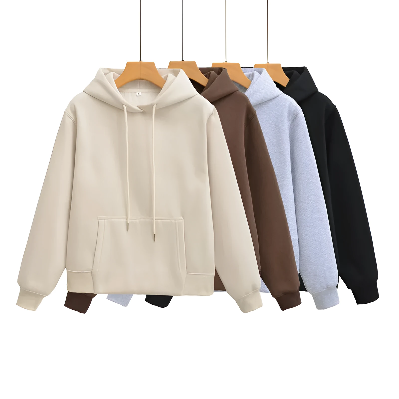 Women's hooded sweater and wide-leg pants set in solid beige colour, polyester blend, front view with hood up