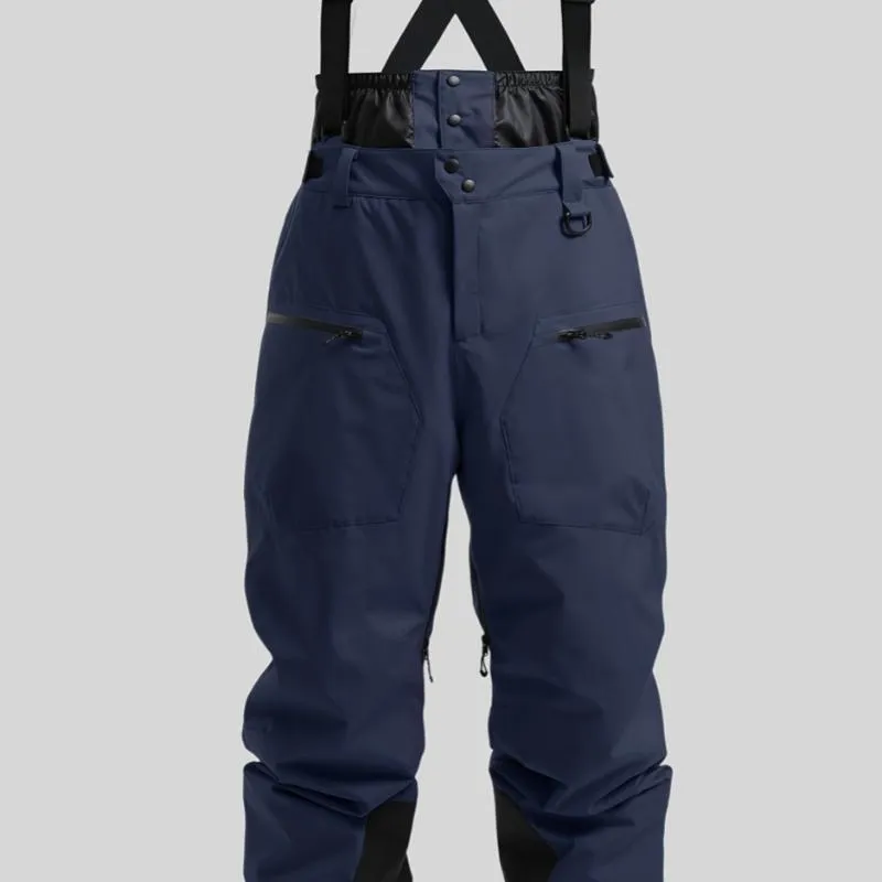 Men's black flame retardant linen ski pants with adjustable waist strap.
