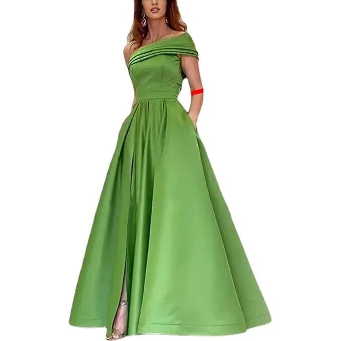 One shoulder satin tulle tutu dress for women high waist long skirt short sleeve polyester dress in solid colour