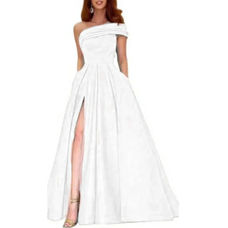 One shoulder satin tulle tutu dress for women high waist long skirt short sleeve polyester dress in solid colour