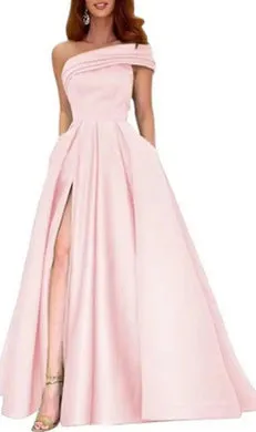 One shoulder satin tulle tutu dress for women high waist long skirt short sleeve polyester dress in solid colour