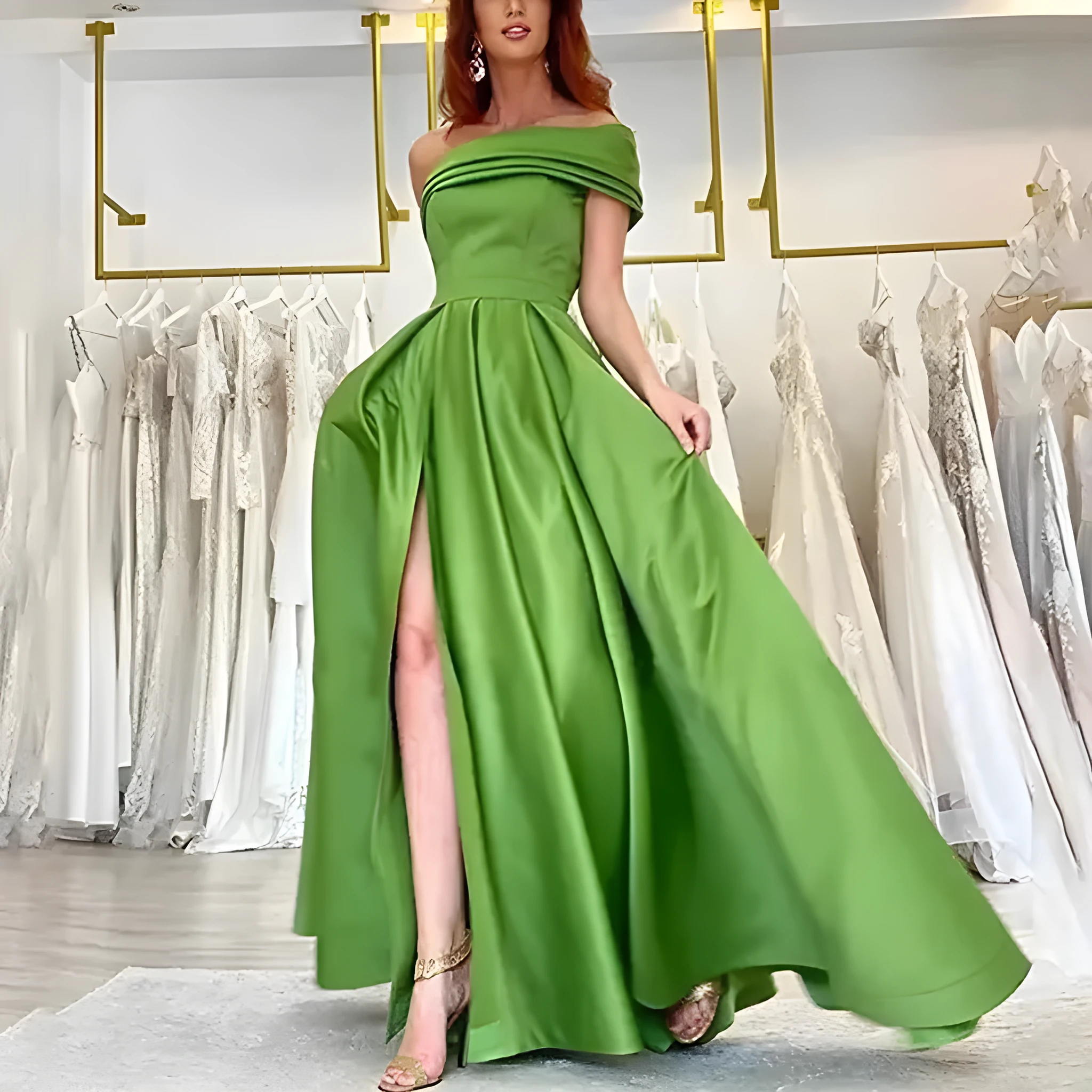 One shoulder satin tulle tutu dress for women high waist long skirt short sleeve polyester dress in solid colour