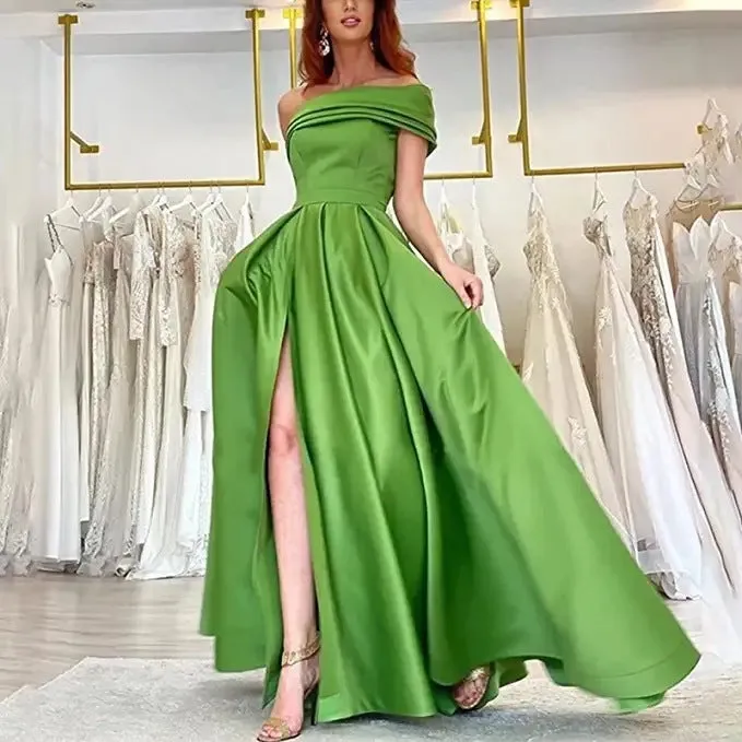 One shoulder satin tulle tutu dress for women high waist long skirt short sleeve polyester dress in solid colour