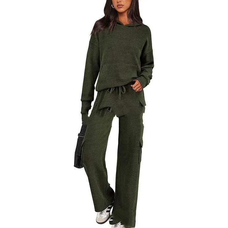 Women's long sleeve polyester leisure sports suit set with trousers in multiple colour options.