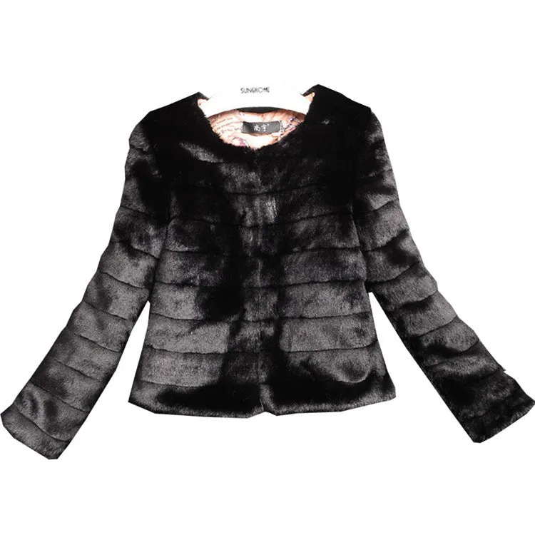 Women's short-length faux fur top in beige, shown on a model as part of a street fashion outfit.
