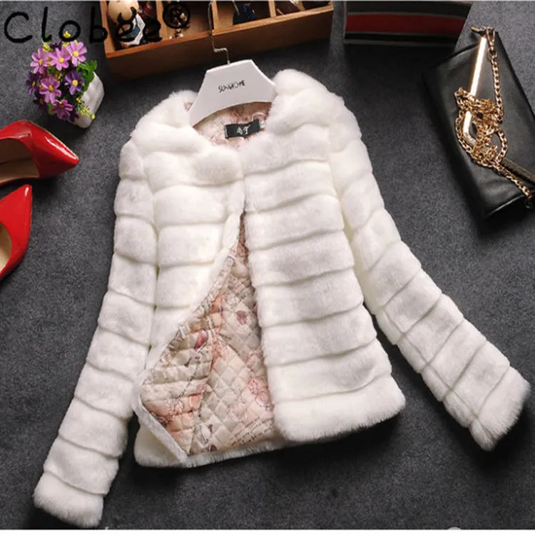 Women's short-length faux fur top in beige, shown on a model as part of a street fashion outfit.