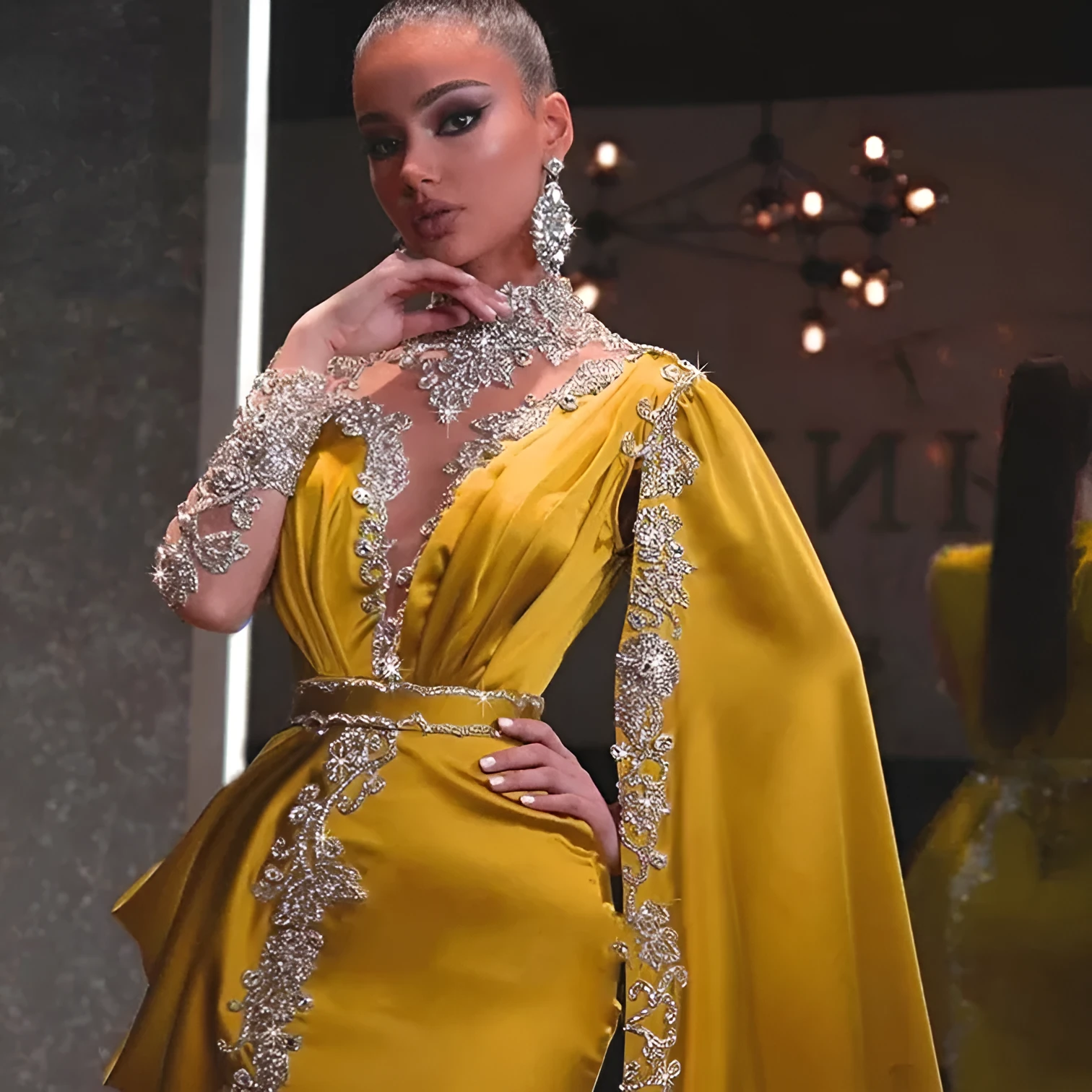 Women's long sleeve high waist swing dress in yellow with oblique shoulder and sequins