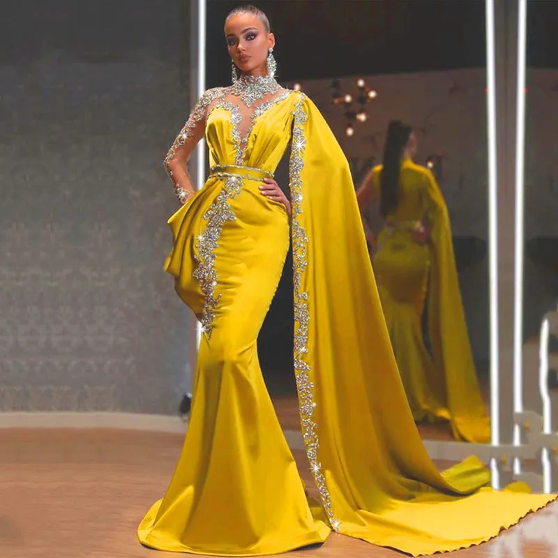 Women's long sleeve high waist swing dress in yellow with oblique shoulder and sequins