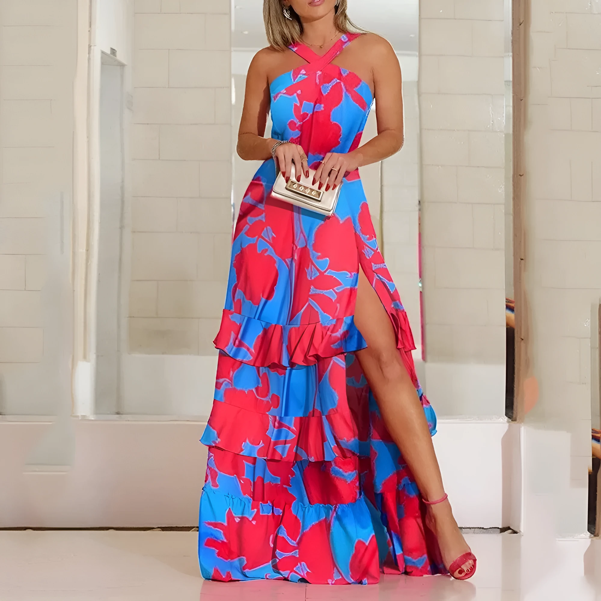 Bohemian printed sleeveless milk silk dress in blue with high waist and long princess skirt