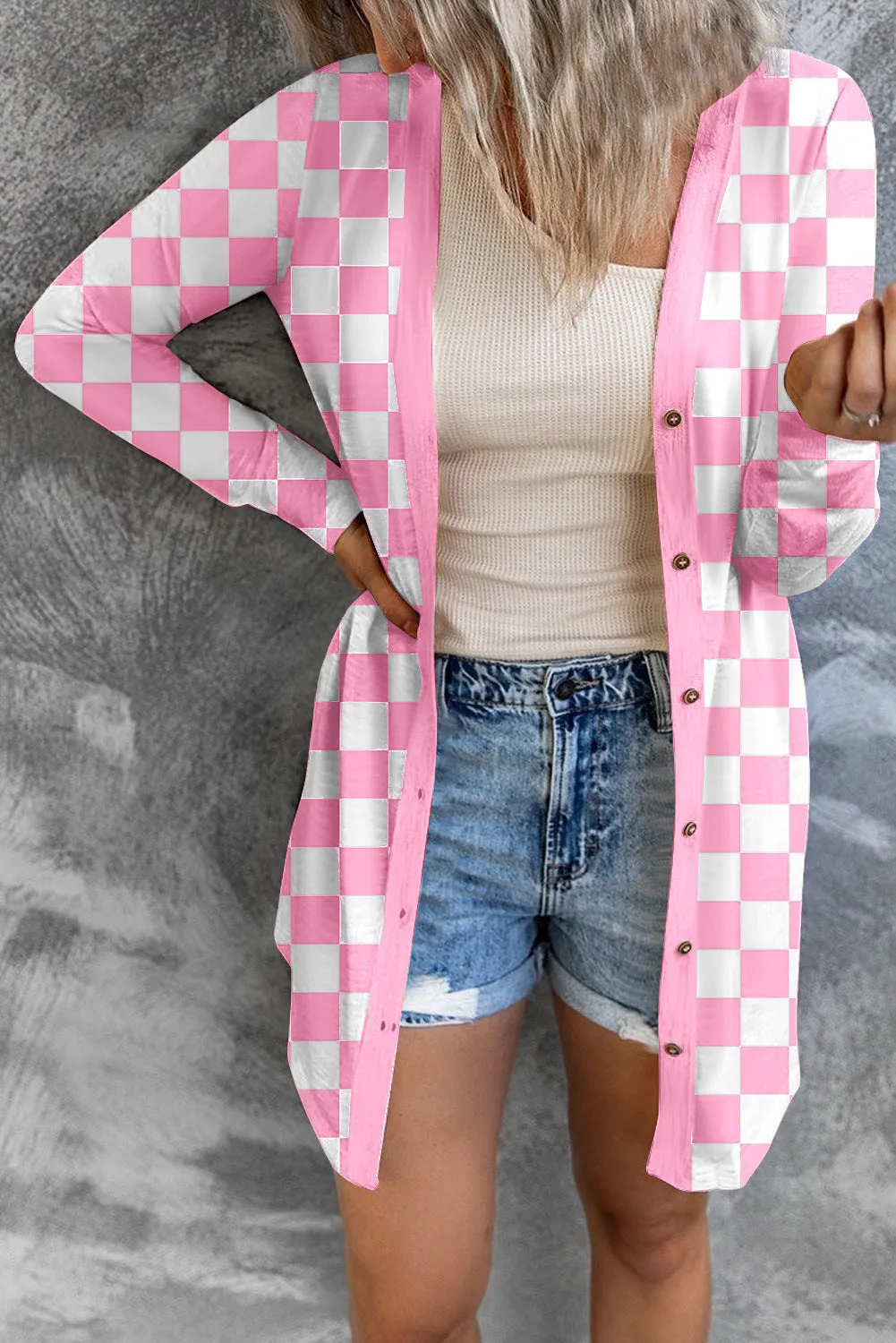 Women's long grey plaid pattern loose fit knitted cardigan coat with regular sleeves