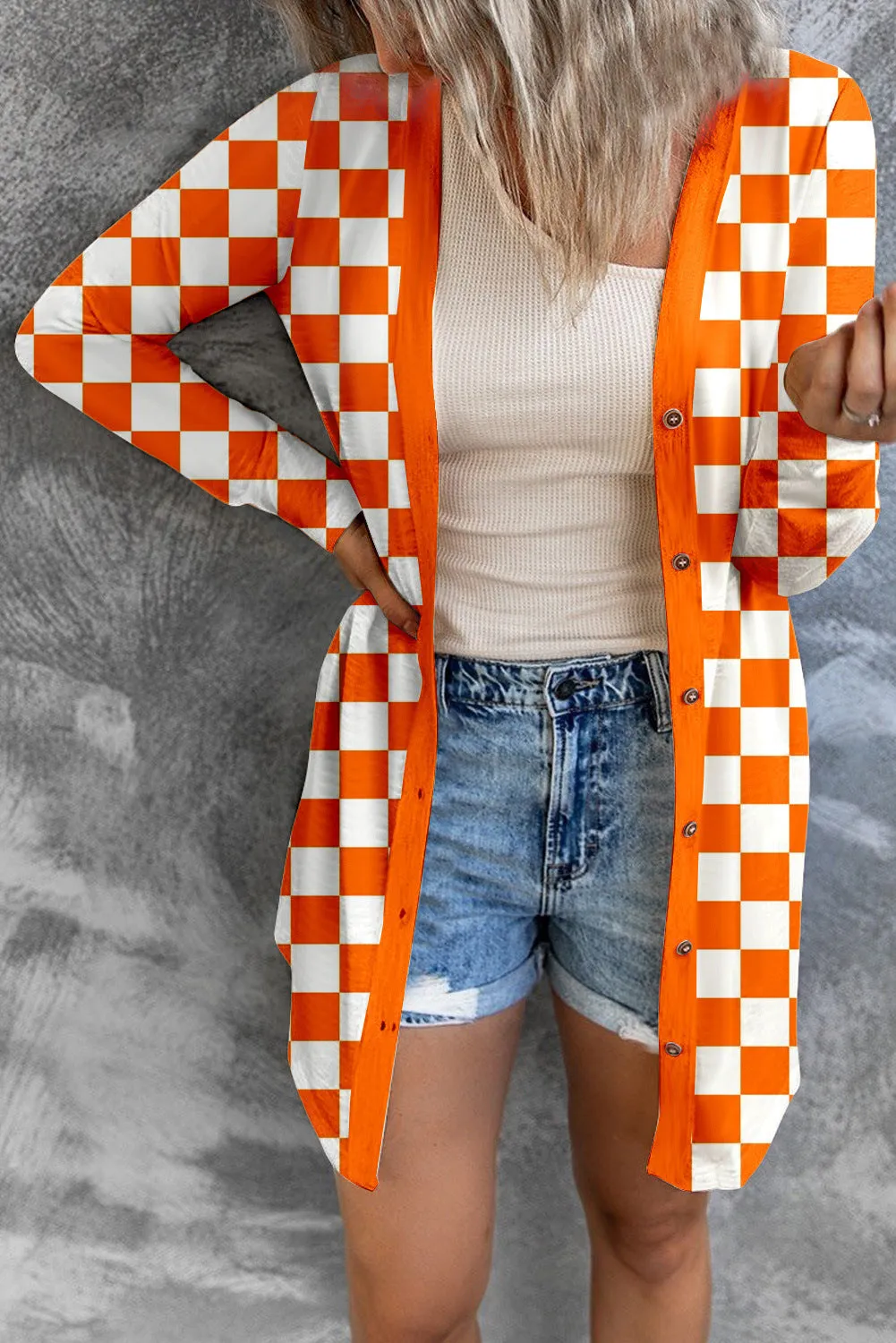 Women's long grey plaid pattern loose fit knitted cardigan coat with regular sleeves