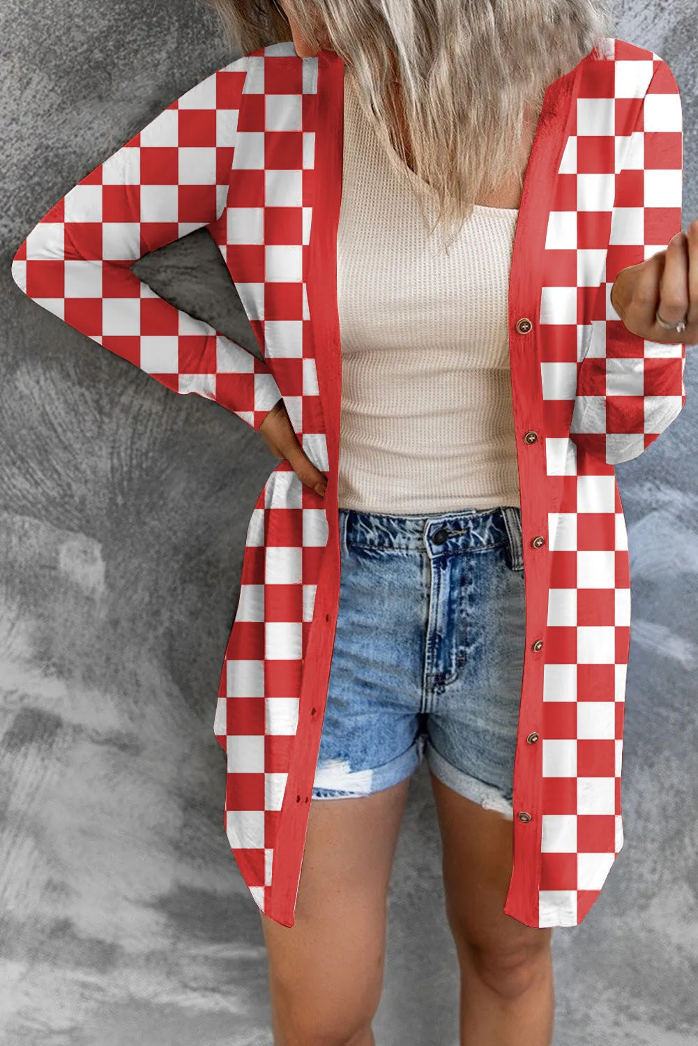 Women's long grey plaid pattern loose fit knitted cardigan coat with regular sleeves