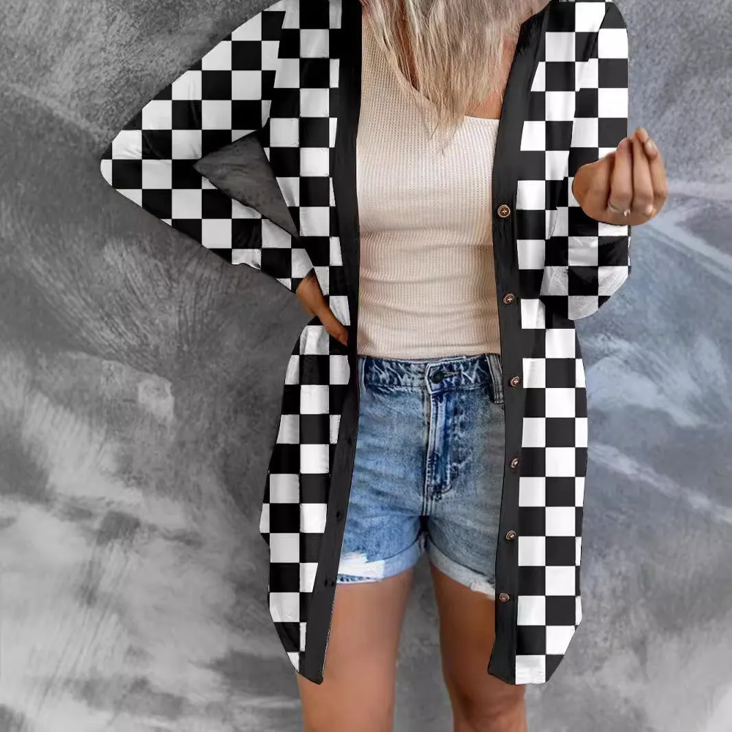 Women's long grey plaid pattern loose fit knitted cardigan coat with regular sleeves