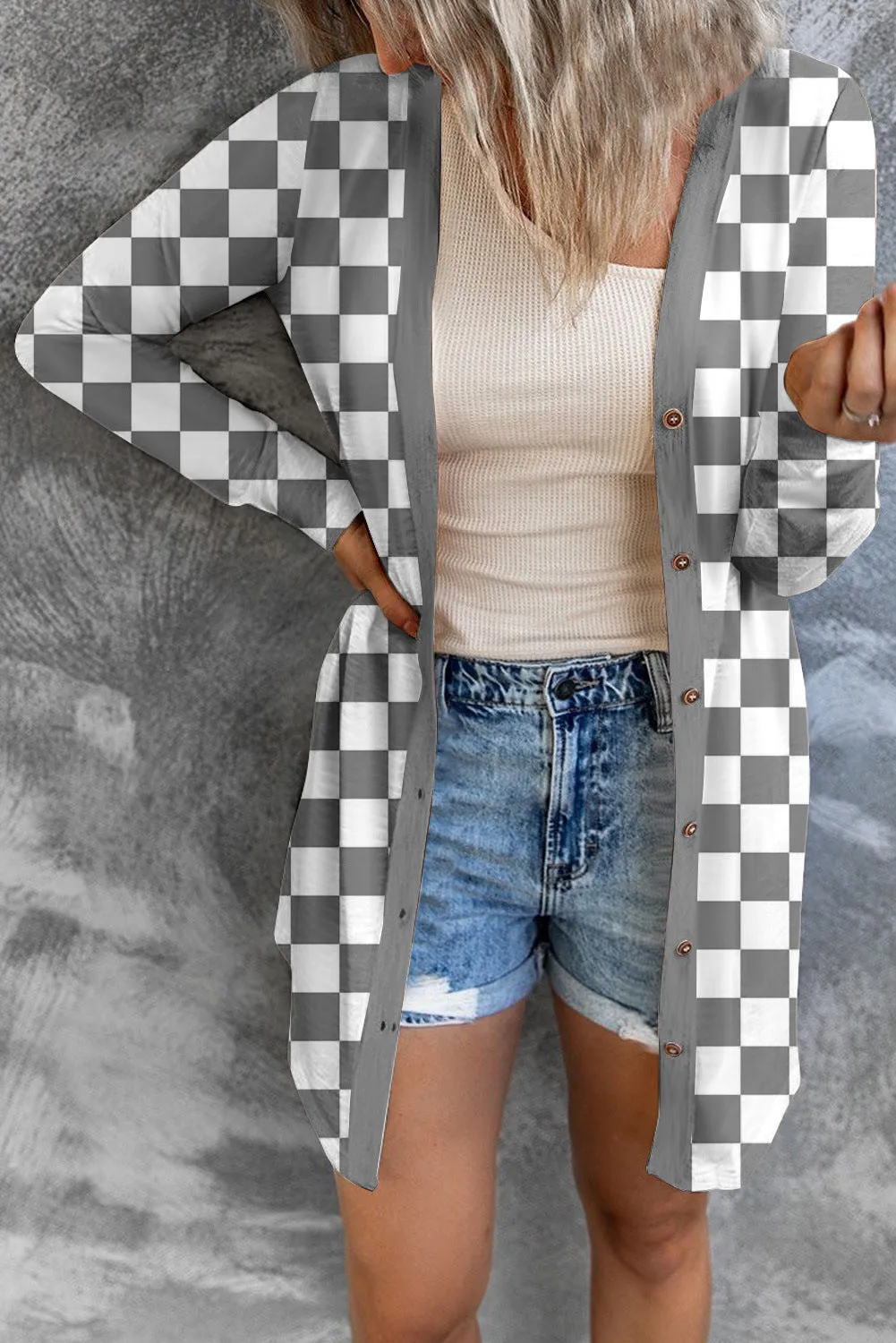 Women's long grey plaid pattern loose fit knitted cardigan coat with regular sleeves