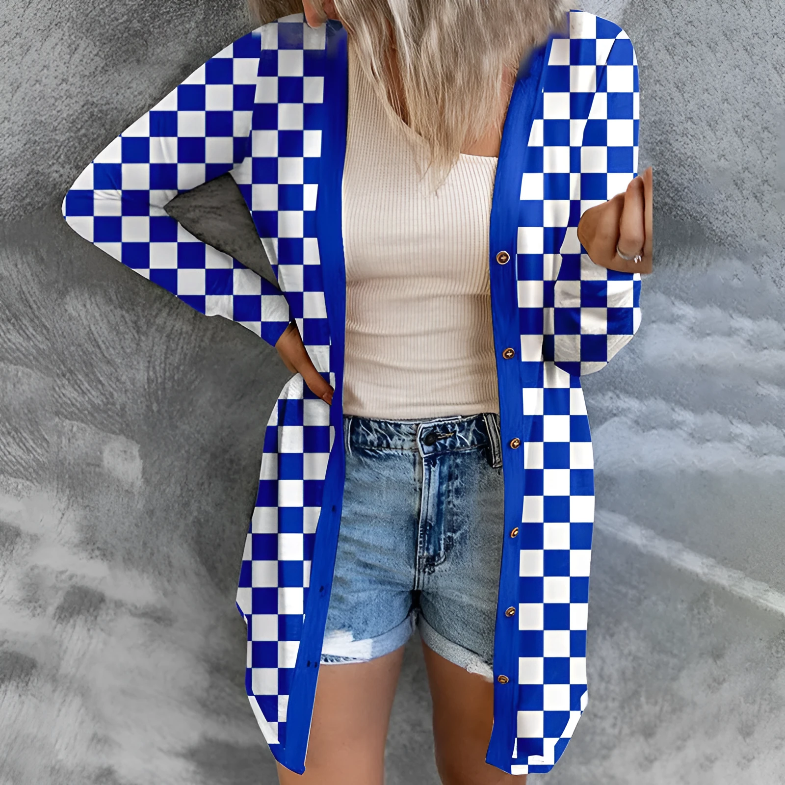 Women's long grey plaid pattern loose fit knitted cardigan coat with regular sleeves