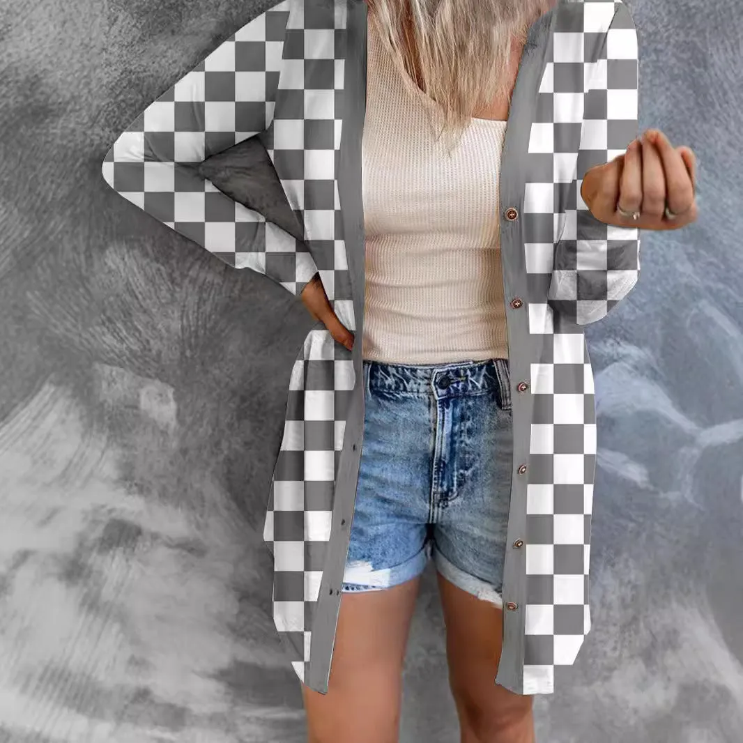 Women's long grey plaid pattern loose fit knitted cardigan coat with regular sleeves