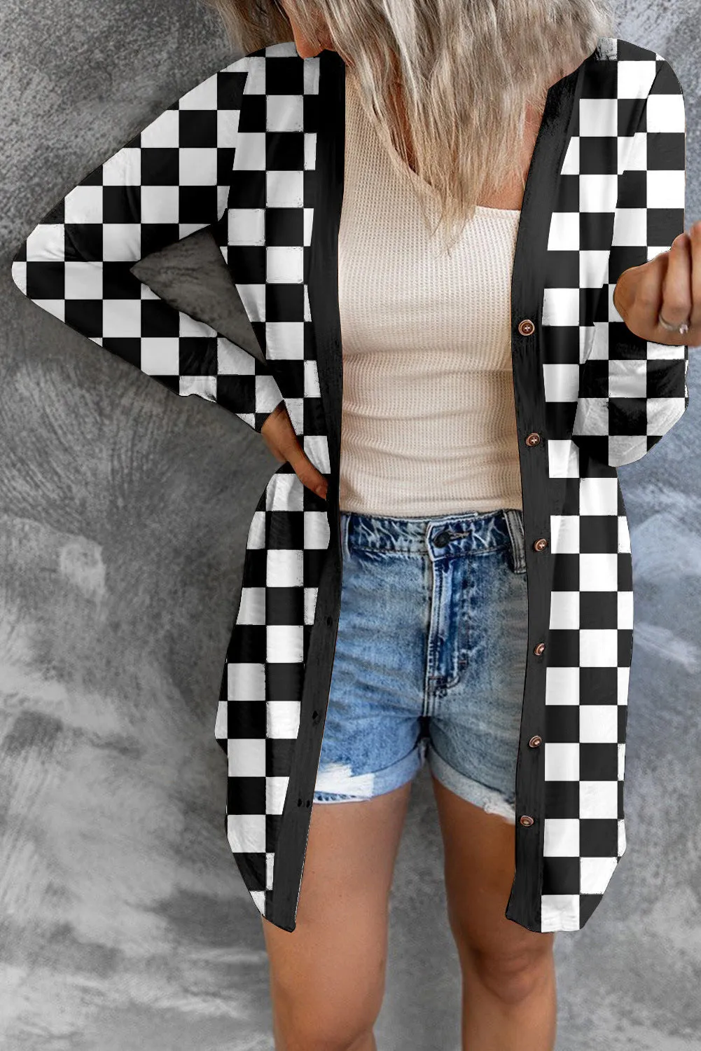 Women's long grey plaid pattern loose fit knitted cardigan coat with regular sleeves