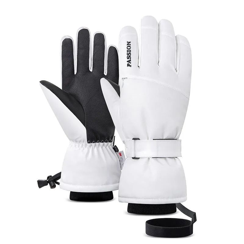 Pair of waterproof warm ski gloves with touch screen fingers and non-slip palm in black colour on white background