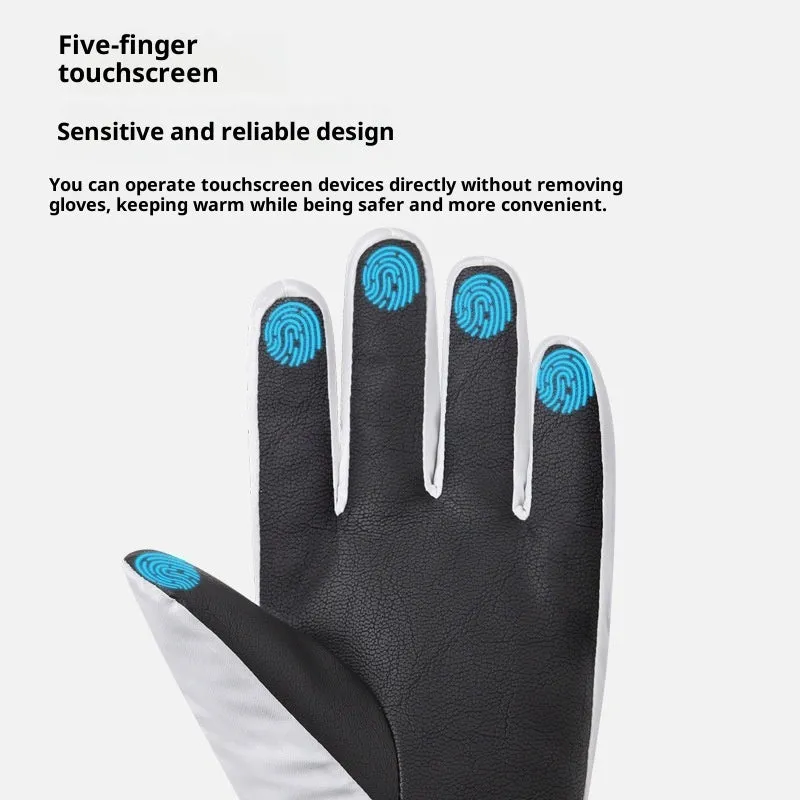 Pair of waterproof warm ski gloves with touch screen fingers and non-slip palm in black colour on white background
