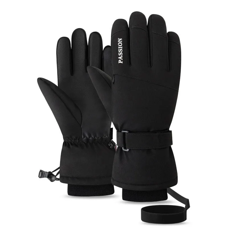 Pair of waterproof warm ski gloves with touch screen fingers and non-slip palm in black colour on white background