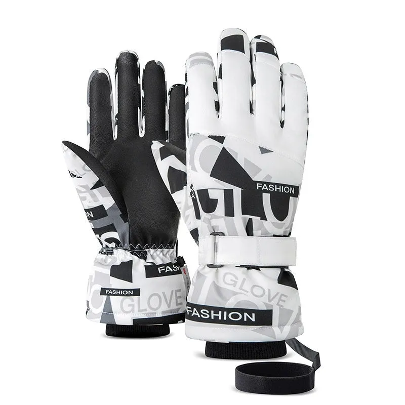 Pair of waterproof warm ski gloves with touch screen fingers and non-slip palm in black colour on white background