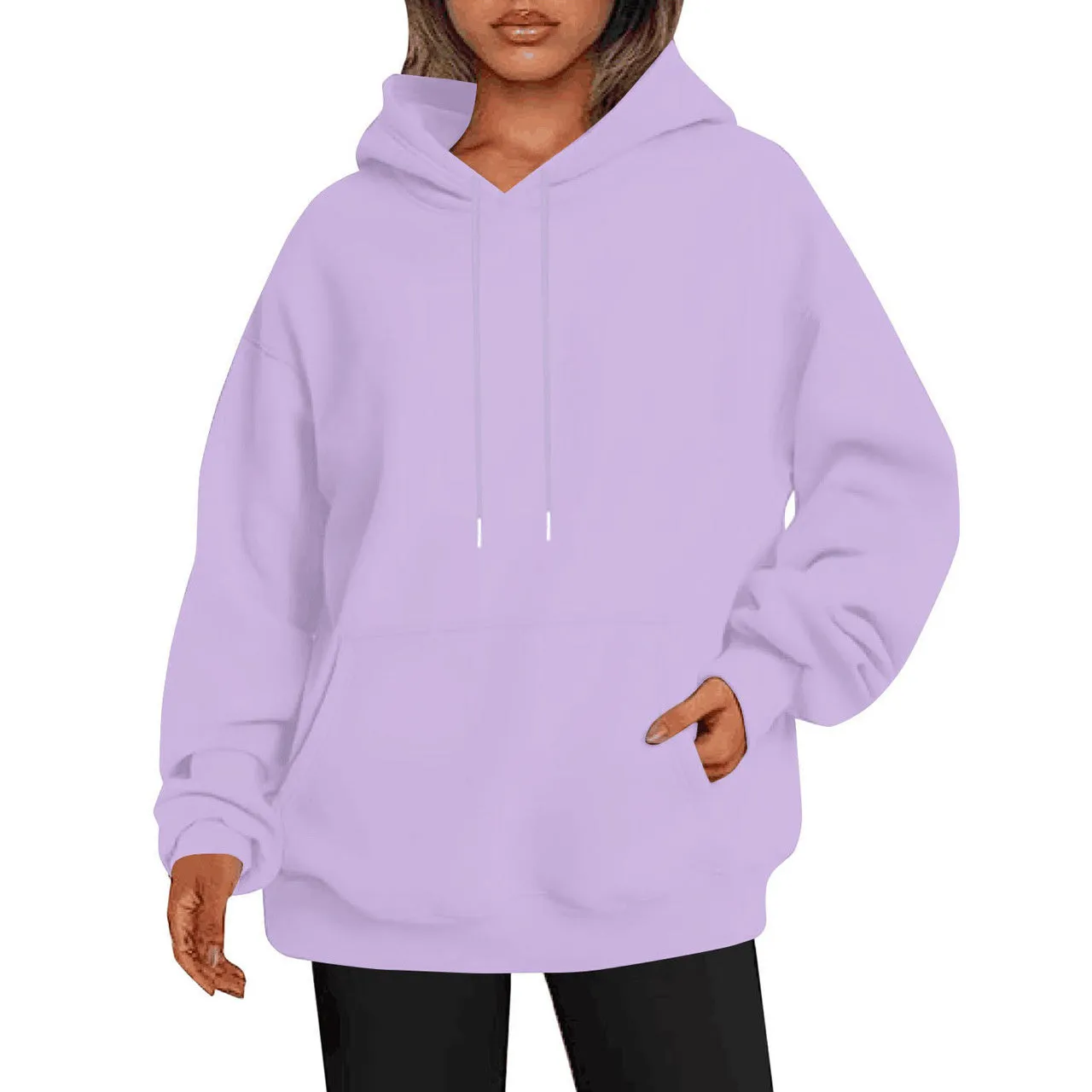 Unisex loose fit drop-shoulder sleeve hoodie in polyester, available in multiple colours for casual exercise and daily wear.