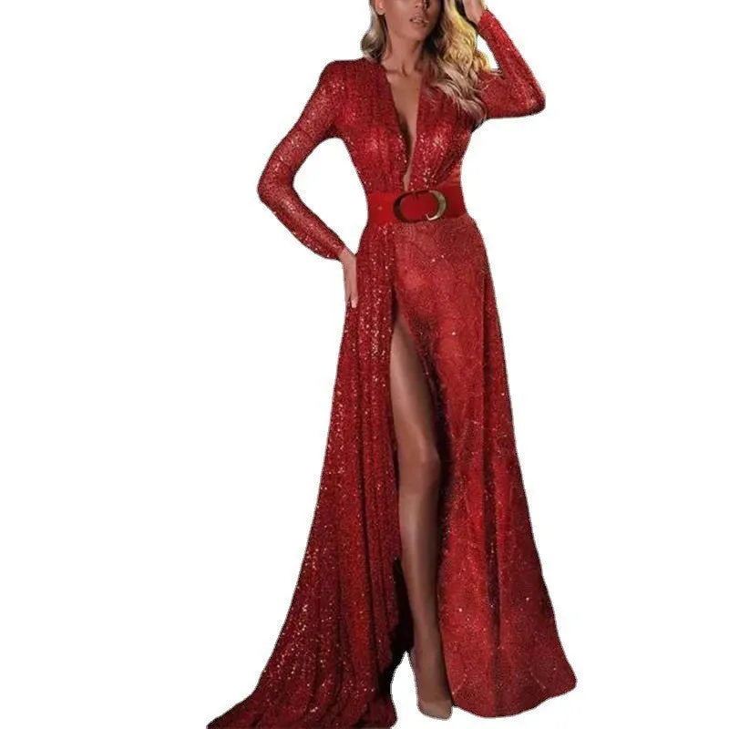 Red long sleeve sequin split dress on model, high waist polyester party dress