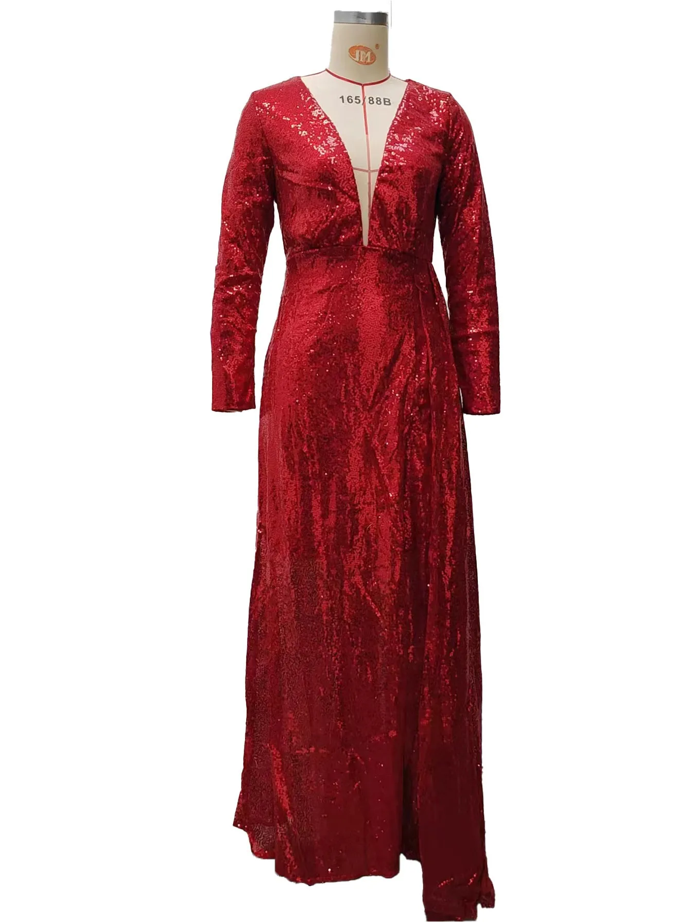 Red long sleeve sequin split dress on model, high waist polyester party dress