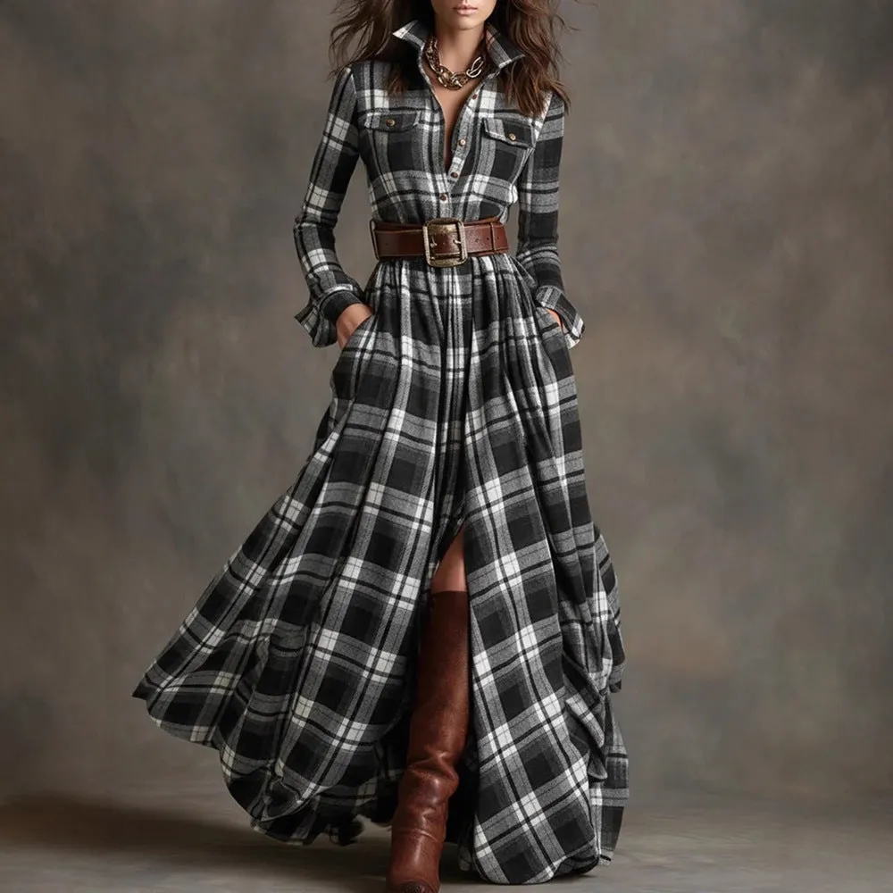 Women's Geometric Plaid Irregular Dress with Stitching Detail Mid Waist Fit Available in S-XXL Black Gray Navy Blue Green Khaki Polyester Fabric