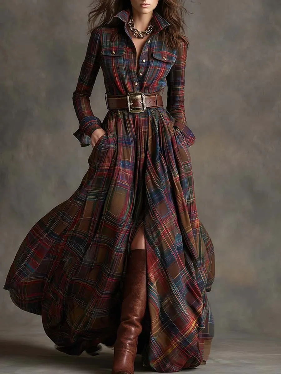 Women's Geometric Plaid Irregular Dress with Stitching Detail Mid Waist Fit Available in S-XXL Black Gray Navy Blue Green Khaki Polyester Fabric